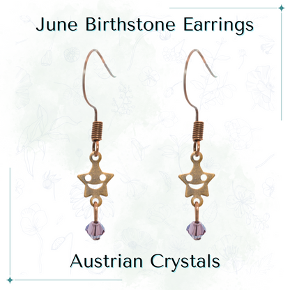 Star-shaped earrings with purple Austrian crystals on a white background, labeled 'June Birthstone Earrings'.