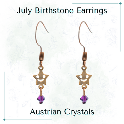 Antique copper star-shaped earrings with purple Austrian crystals on a white background, labeled 'July Birthstone Earrings'.