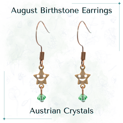 Star-shaped earrings with green Austrian crystals on a white background, labeled 'August Birthstone Earrings'.