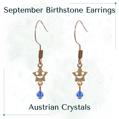 Star-shaped earrings with blue Austrian crystals on a white background, labeled 'September Birthstone Earrings'.