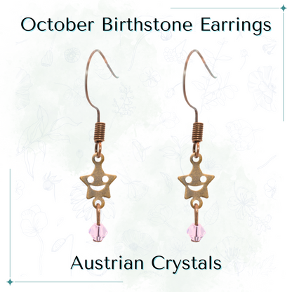Star-shaped earrings with pink Austrian crystals on a white background, labeled 'October Birthstone Earrings'.