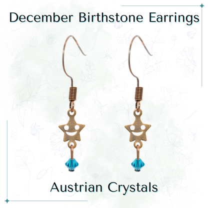 Star-shaped earrings with teal Austrian crystals on a white background, labeled 'December Birthstone Earrings'.