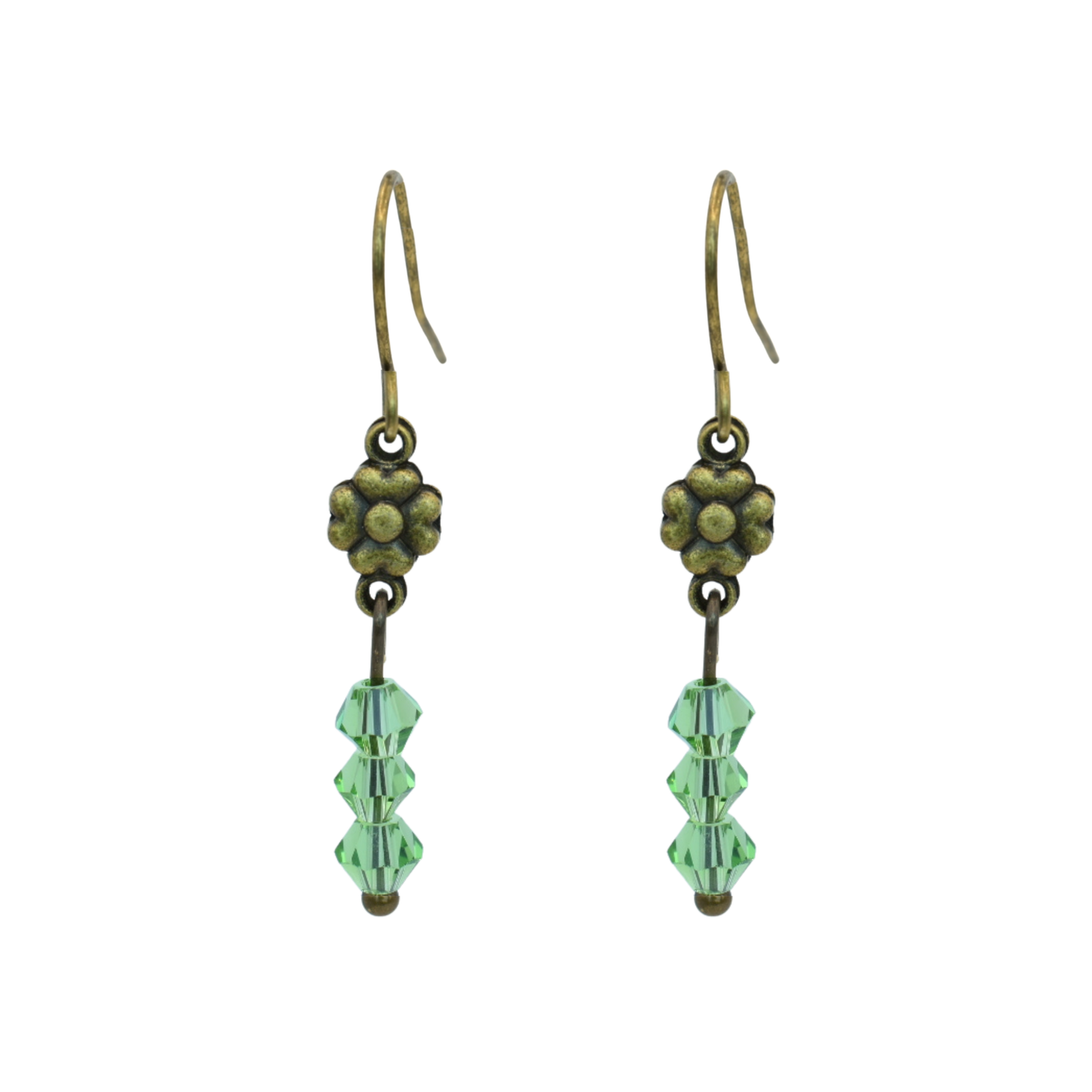 Pair of earrings with green Austrian crystal beads and antique bronze flowers on a white background
