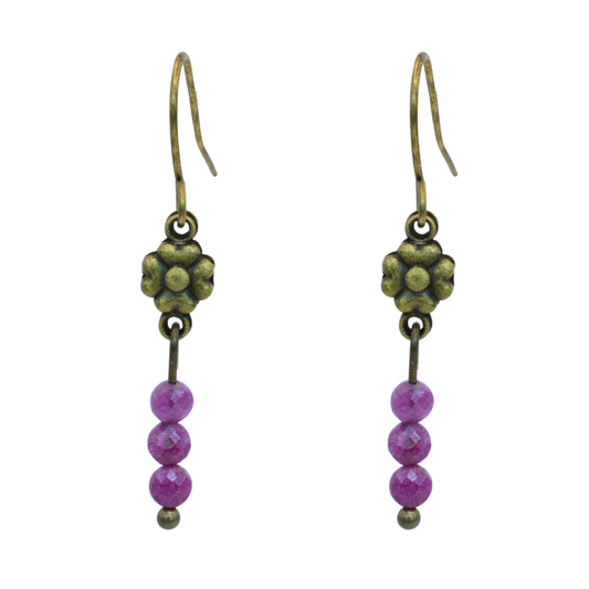 July Birthstone Antique Bronze Flower Earring with Ruby Bead