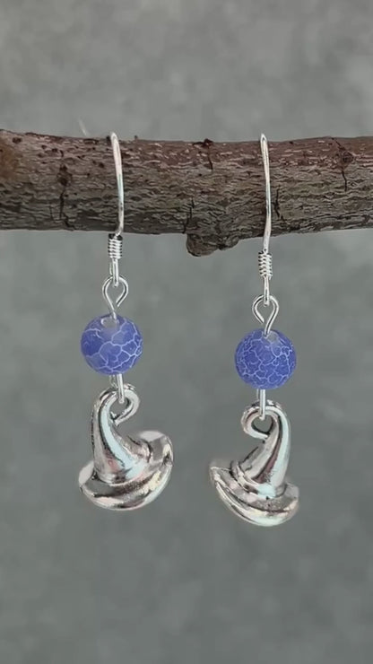 Blue Agate Witch Hat Silver Earrings