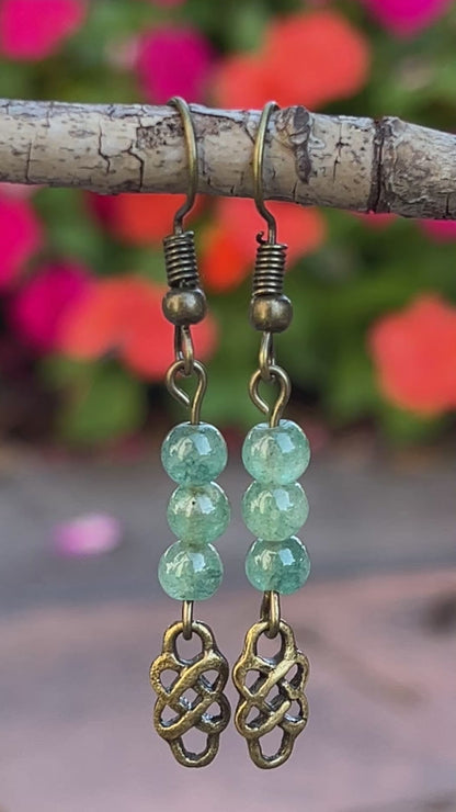 Green Jade Antique Bronze Celtic Bead Earrings