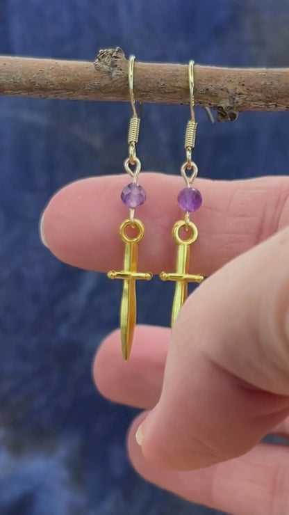 Gold Sword Earrings with Amethyst