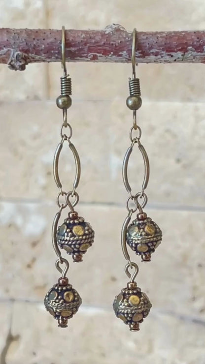 Antique Bronze Curved Chain Bead Earrings